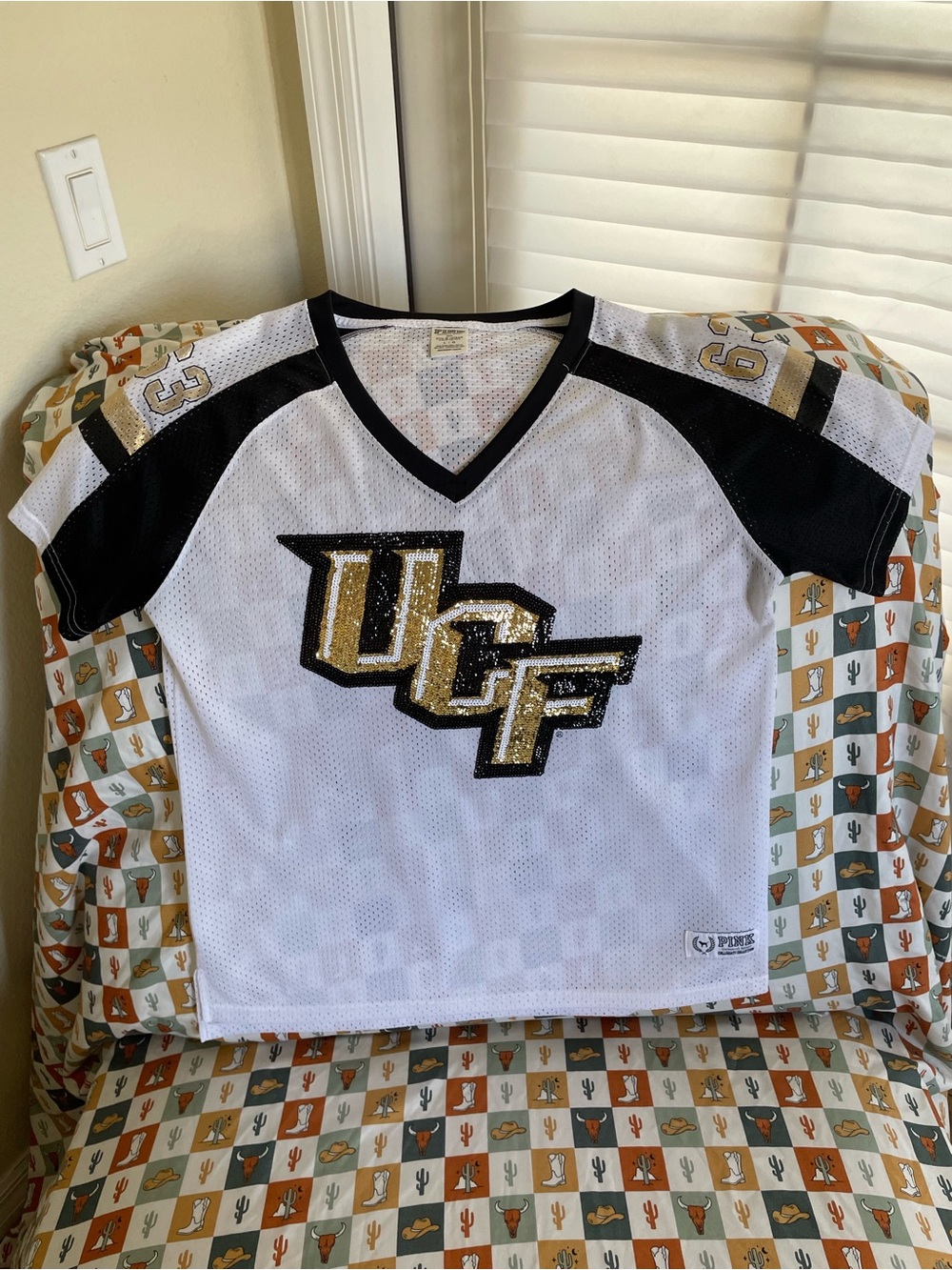 PINK Victoria's Secret White Black Gold UCF Sequin Jersey Top